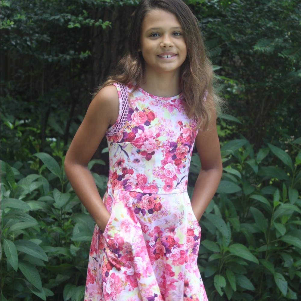 Pretty pink skater dress in floral and mesh